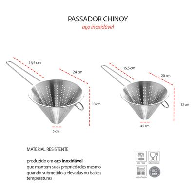 Funil Passador Chinoy Coador Peneira Aço Inox 24 e 20cm