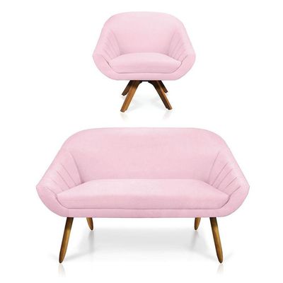 Kit 01 Namoradeira 02 Lugares E 01 Poltrona Giovana Suede tonalidade em Rosa Bebê