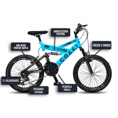 Bicicleta Gps Aro 20 Dupla Suspensão 21 Marchas Colli Azul Claro