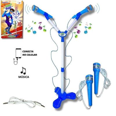 Kit Microfone Infantil Duplo Com Pedestal Conecta No Celular Som E Luz De Led Karaoke Rock Hero Squad Menino