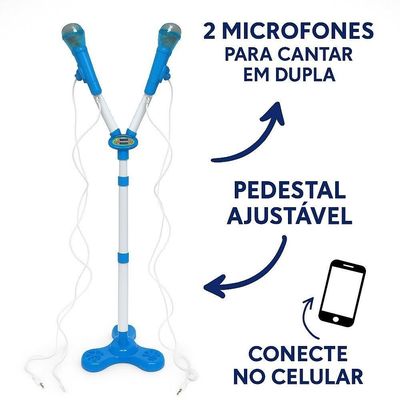 Kit Microfone Infantil Duplo Com Pedestal Conecta No Celular Som E Luz De Led Karaoke Rock Hero Squad Menino