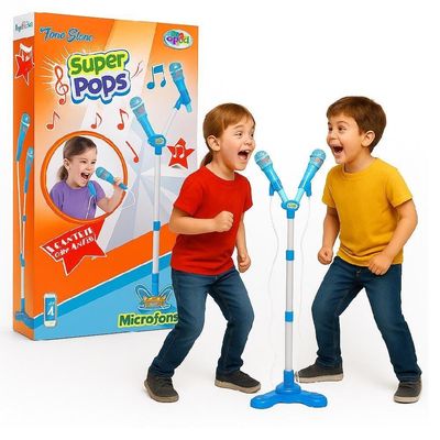 Kit Microfone Infantil Duplo Com Pedestal Conecta No Celular Som E Luz De Led Karaoke Rock Hero Squad Menino