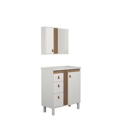 Kit Gabinete E Espelho Para Banheiro Ariel 60 Cm Com Pé Branco/jequitibá