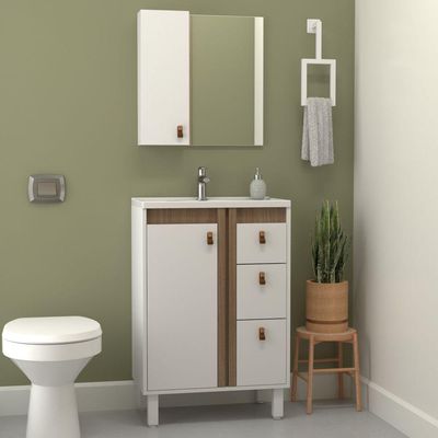 Kit Gabinete E Espelho Para Banheiro Ariel 60 Cm Com Pé Branco/jequitibá