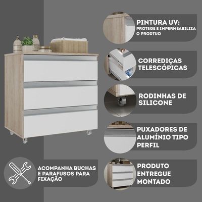 Gabinete Banheiro Rodinhas Joia 60cm 03 Gavetas Madeirado Branco