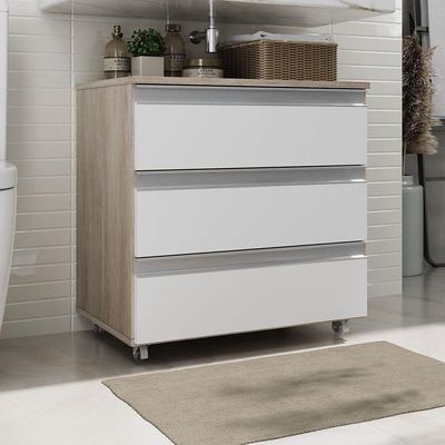 Gabinete Banheiro Rodinhas Joia 60cm 03 Gavetas Madeirado Branco