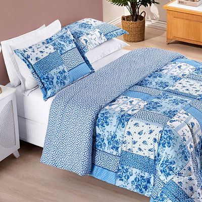 Kit Edredom Dallas Queen Dupla Face Microfibra 3 Peças - Azul Sereno Patchwork