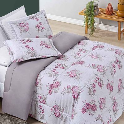 Kit Edredom Celi Queen Dupla Face Micropercal 200 Fios 3 Peças - Palha Florido
