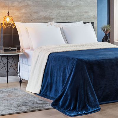 Cobertor Casal King Alaska Sherpa e Manta Microfibra 1 Peça - Azul Marinho