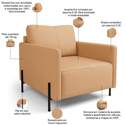 Kit 2 Poltronas Decorativa Para Sala Living Pés Industrial Domani L06 Couro Capuccino - Lyam Decor