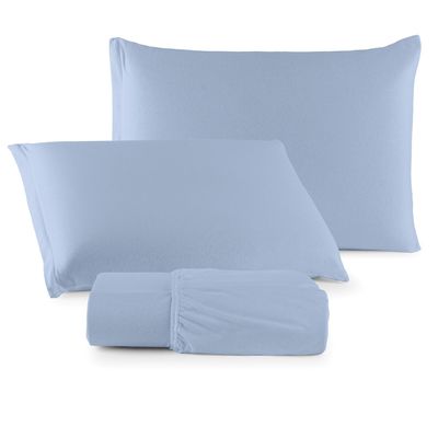 Jogo de Lençol Minimal Casal 3 Peças Malha 100% Algodão Liso - Azul