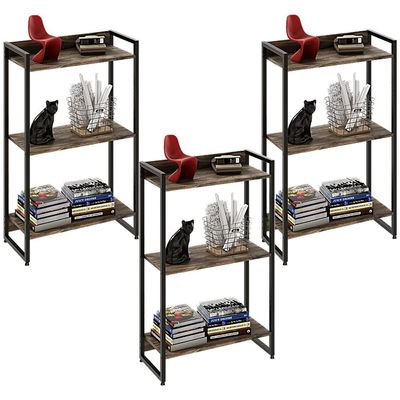 Kit 3 Estantes Multiuso Industrial 3 Prateleiras Areta 104x60cm C01 Carvalho Dark - Lyam Decor