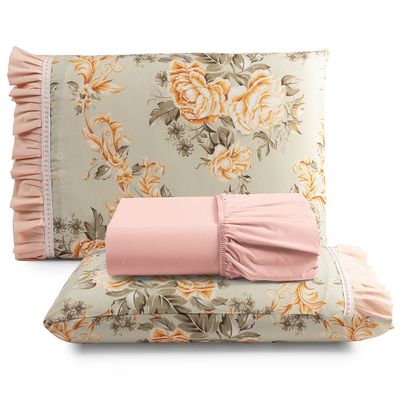 Jogo Cama Lençol Fiore Casal Padrão Estampado 180 Fios 100% Algodão com Babadinho 3 Peças Salmão Floral