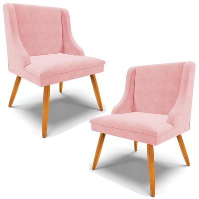 Kit 2 Poltronas Decorativas Pés Palito de Madeira Firenze Suede Rosa Bebê/Natural - Gran Belo