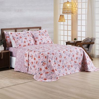 Kit Cobre Leito Colcha Belle King Estampado Dupla Face 400 Fios 3 Peças Floral Rosê