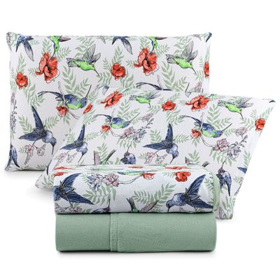 Jogo Cama Lençol Sonnet Casal Padrão Malha Estampada 100% Algodão 4 Peças - Beija Flor - Verde