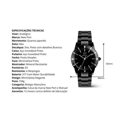 Relógio Masculino Preto Casual Analógico Elegante New Port