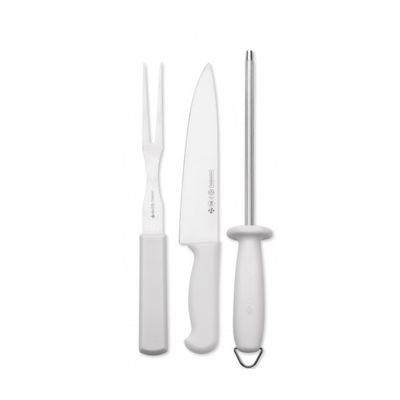 Jogo para Churrasco 3 Peças Aço Inox Mundial Profissional Garfo Faca Afiador Chaira