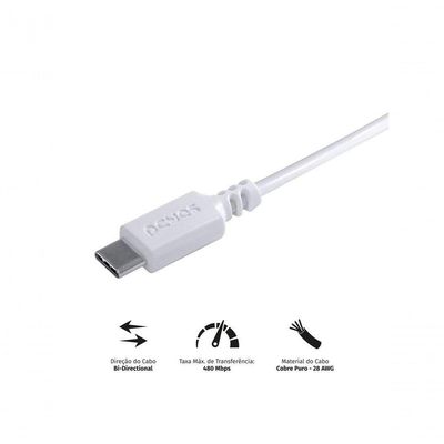 Cabo Para Celular Usb A 2.0 Para Usb Tipo C 1 Metro Branco - Puacb-01