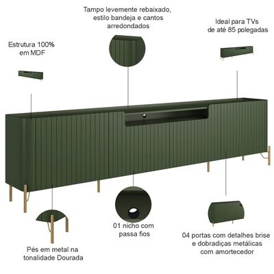 Rack Para Sala de Estar TV 85 Pol 4 Portas Brise Pés Industrial Dourado Alef I03 Musgo - Lyam Decor