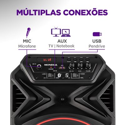 Caixa Amplificada Connect Partyplus Mondial Preto 250W RMS CM-250 Bivolt
