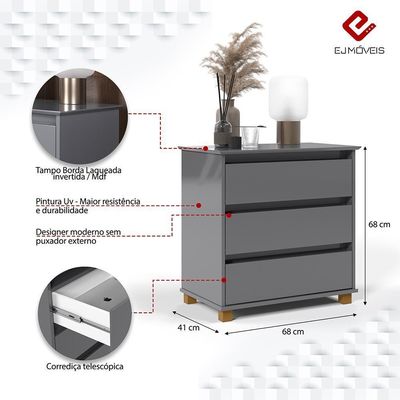 Cômoda Mini Ej Versátil - 3 Gavetas Pés De Madeira Corrediças Telescópicas Mdf-mdp Cinza - Ej Móveis