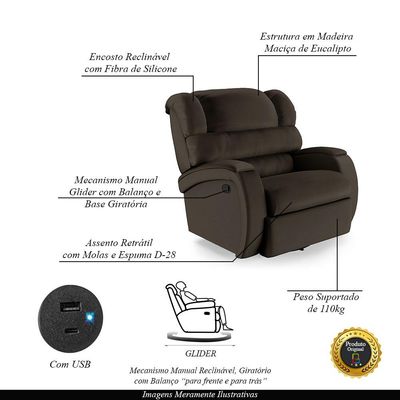 Poltrona do Papai Sala de Cinema Reclinável Kylie Glider Manual Giratória USB PU Marrom G23