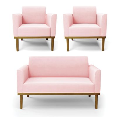 Conjunto 2 Poltronas e 1 Namoradeira Decorativa Isabella Pés Fixo em Madeira Castanho Suede Rosa Bebê G19 - Gran Belo