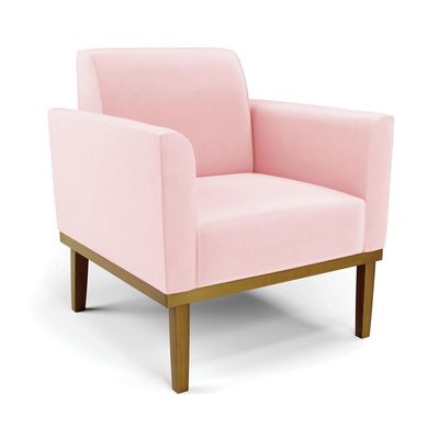 Conjunto 2 Poltronas e 1 Namoradeira Decorativa Isabella Pés Fixo em Madeira Castanho Suede Rosa Bebê G19 - Gran Belo