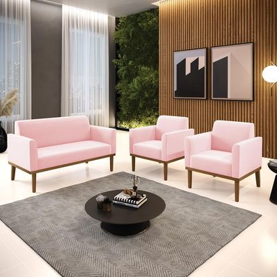 Conjunto 2 Poltronas e 1 Namoradeira Decorativa Isabella Pés Fixo em Madeira Castanho Suede Rosa Bebê G19 - Gran Belo
