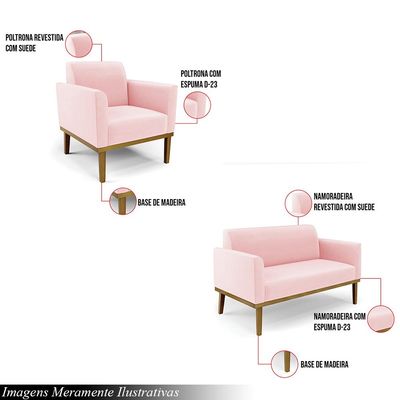 Conjunto 2 Poltronas e 1 Namoradeira Decorativa Isabella Pés Fixo em Madeira Castanho Suede Rosa Bebê G19 - Gran Belo