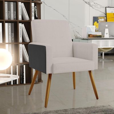 Kit 04 Poltronas Decorativa Maria W01 Pés Palito Linho Bege Couríssimo Preto - Lyam Decor