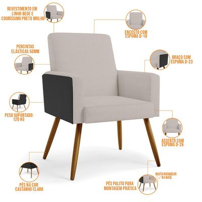 Kit 04 Poltronas Decorativa Maria W01 Pés Palito Linho Bege Couríssimo Preto - Lyam Decor
