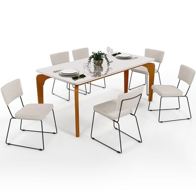 Mesa De Jantar Capri 160cm Off White Nature Com 6 Cadeiras Allana B05 Linho Cru - Lyam Decor