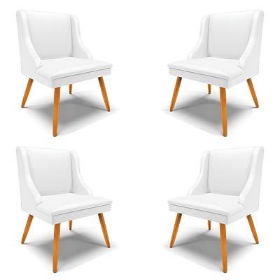 Kit 4 Cadeiras Decorativas Sala de Jantar Pés Palito de Madeira Firenze PU Branco Fosco/Natural G19 - Gran Belo