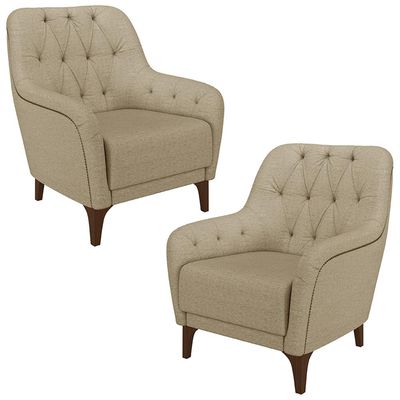 Kit 2 Poltronas Decorativas Pés em Madeira Petra Linho Bege - Gran Belo