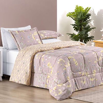Edredom Ayla Casal Queen Tecido Dupla Face Microfibra  03 Peças - Lavanda Floral