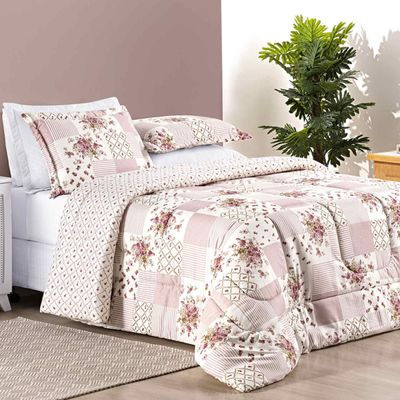 Edredom Ayla Casal King Tecido Dupla Face Microfibra 03 Peças - Rosa Floral Matura