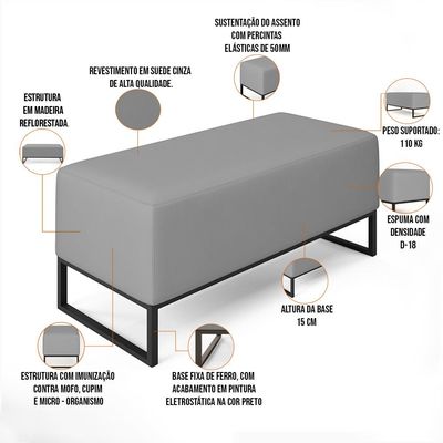 Puff Decorativo Para Sala de Estar Cléo W01 Base de Ferro 90 cm Suede Cinza - Lyam Decor