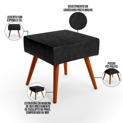 Puff Banqueta Decorativa Com Pés Palito Lívia W01 Couríssimo Preto Brilho - Lyam Decor