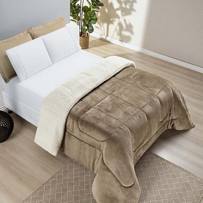 Coberdrom Diamond Casal Queen Sherpa Com Manta Flannel 01 Peça - Cáqui Bege