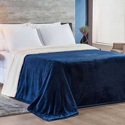 Cobertor Magnific Casal King Sherpa Com Manta Microfibra Toque Lã Carneiro 01 Peça - Azul Marinho
