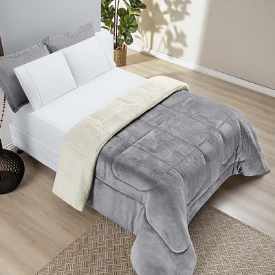Coberdrom Diamond Casal King Sherpa Com Manta Flannel 01 Peça - Cinza