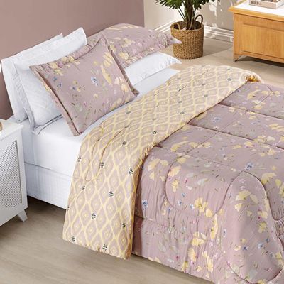 Edredom Ayla Casal King Tecido Dupla Face Microfibra 03 Peças - Lavanda Floral