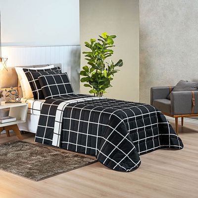 Kit Cobre Leito Minimalista Quadriculado Solteiro 02 Peças Tecido Micropercal 200 Fios - Preto com Branco