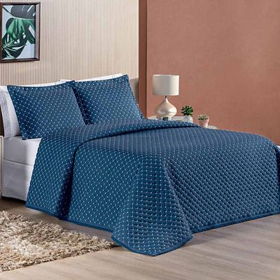 Kit Cobre Leito Espanha Casal Padrão 03 Peças Micropercal 200 Fios Matelado White Line - Azul Marinho