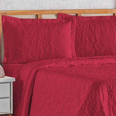 Kit Cobre Leito Colcha Celeste Queen 3 Peças Matelado Floral 180 Fios - Vermelho