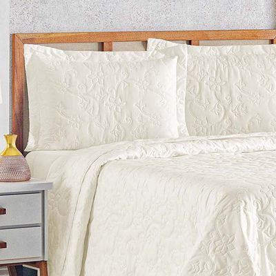 Kit Cobre Leito Colcha Celeste Queen 3 Peças Matelado Floral 180 Fios - Marfim