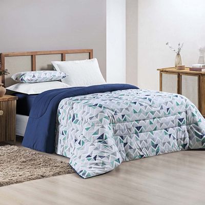 Kit Edredom Grace Super King 01 Peça 100% Algodão Dupla Face Extra Macio Estampado - Azul Geométrico