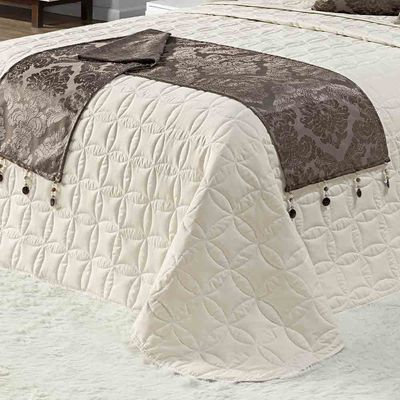 Kit Cobre Leito Colcha Midna King 8 Peças Dupla Face Xale Floral Jacquard Pedraria - Marrom Palha